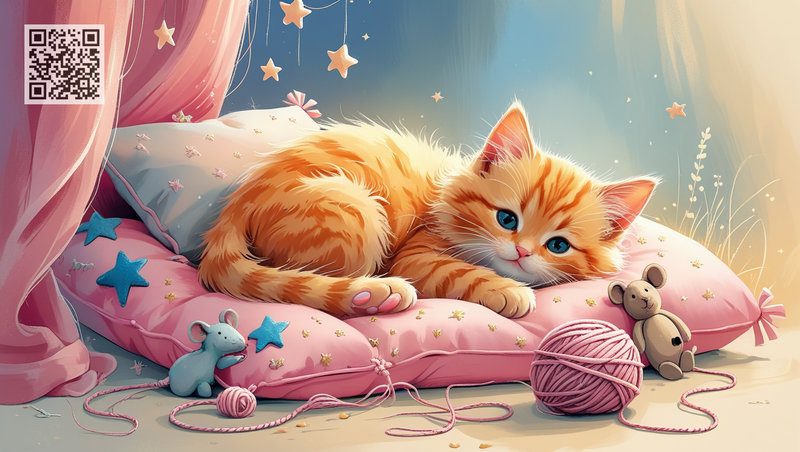 A cute ginger kitten lies on the pillow