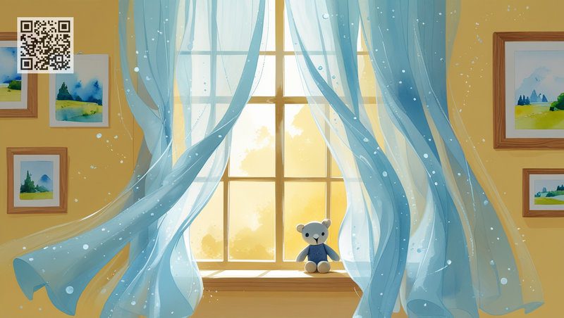 The wind rustles the curtains at the window