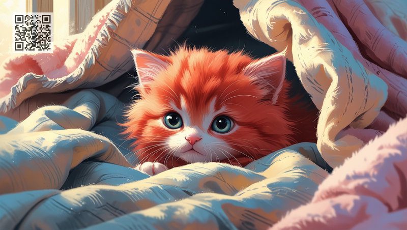 Cute ginger kitten hiding under the blanket