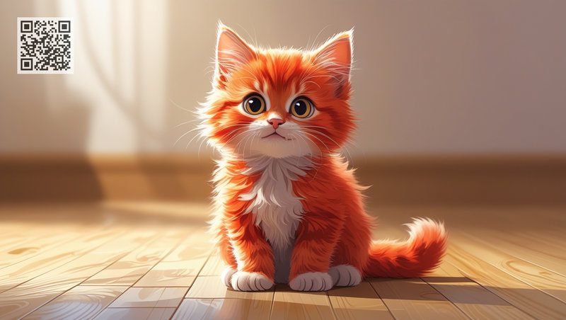 Cute ginger kitten sitting on the floor in the room