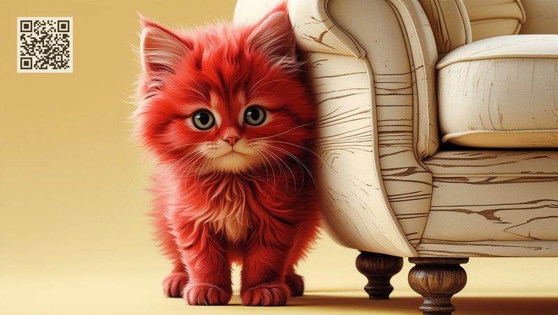 A cute ginger kitten hides from thunder behind the sofa