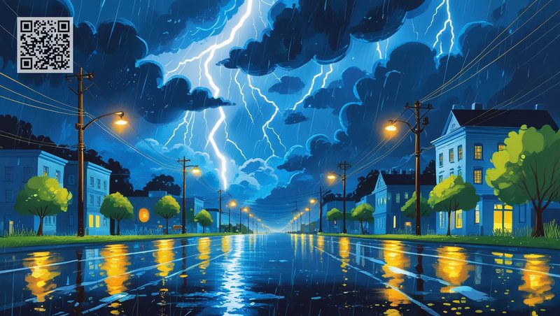 Thunder and lightning on a city street at night