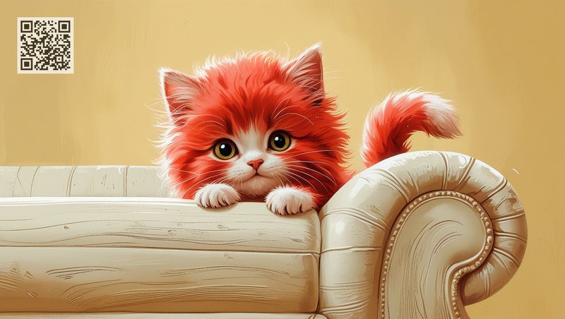 Cute ginger kitten peeks curiously from behind the sofa