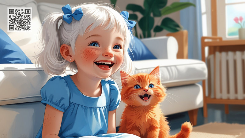 Девочка 6 лет и котенок смеются, сидя на полу