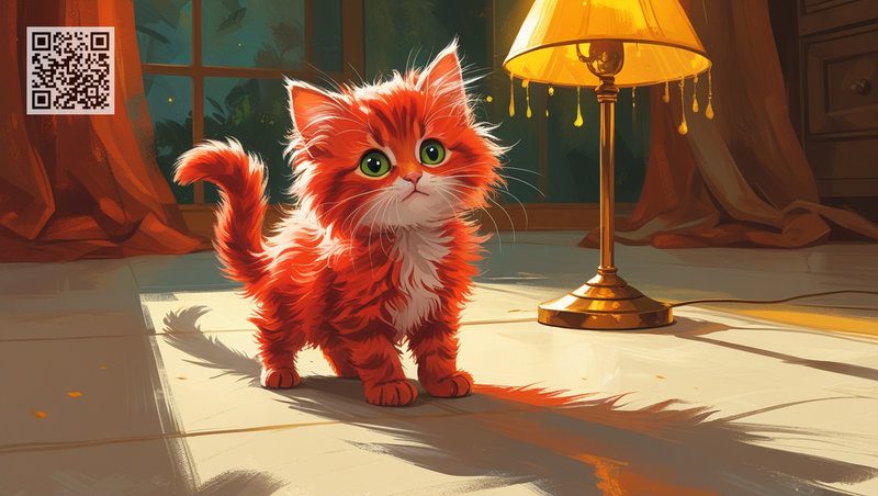 Orange kitten Kuzia and his shadow from the desk lamp