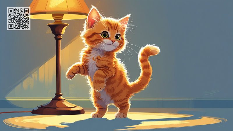 Kitten Kuzia is happily and playfully playing with his shadow using his tail