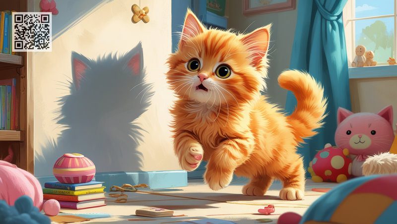 Kitten Kuzia is looking fearfully at his shadow on the wall in the room