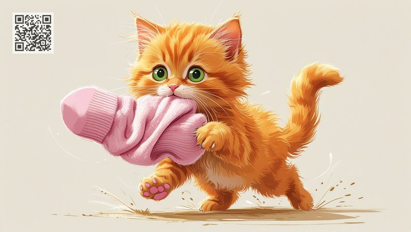 The fluffy ginger kitten Kuzia is playfully playing with a pink sock