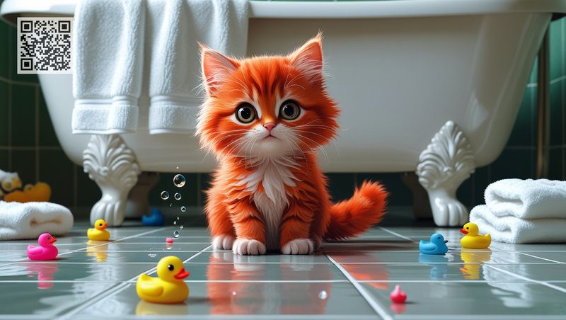 The frightened ginger kitten Kuzia is sitting in the bathroom