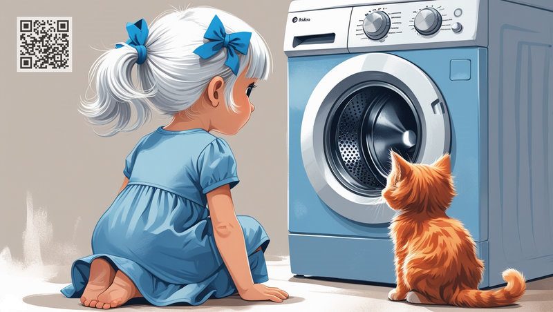 The girl Natasha and the kitten Kuzia are watching how the washing machine works