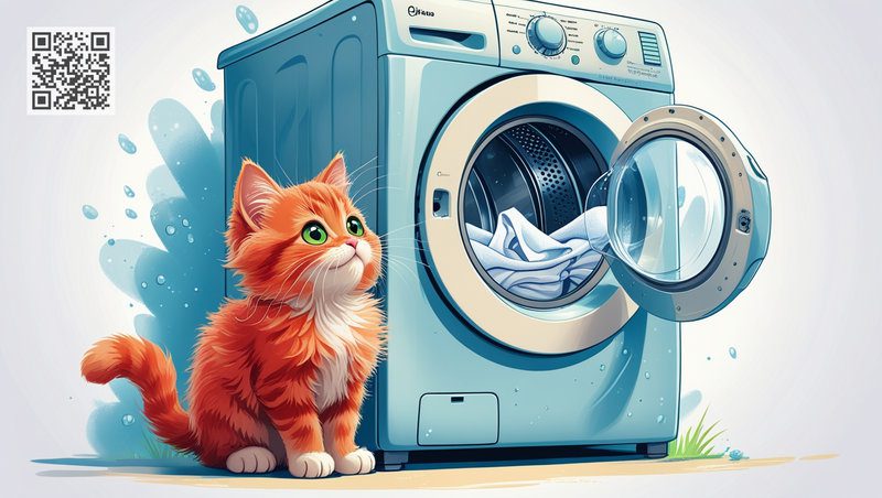 The kitten Kuzia stopped being afraid of the washing machine and is sitting nearby