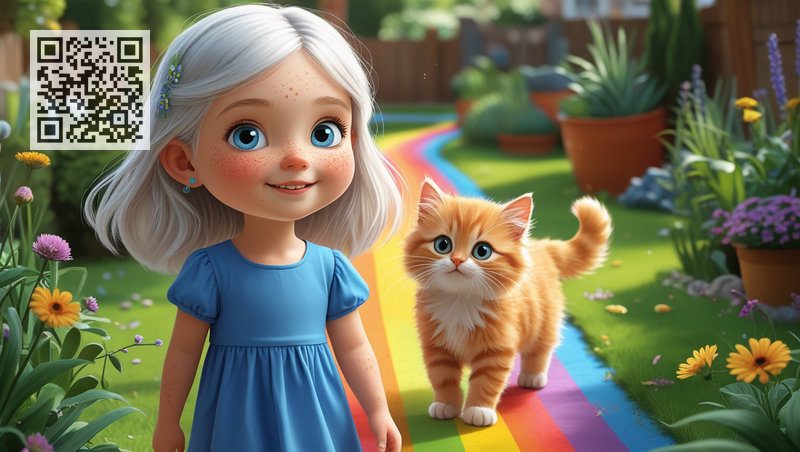 Шестилетняя девочка и рыжий котенок идут по волшебной радужной тропе дружбы.