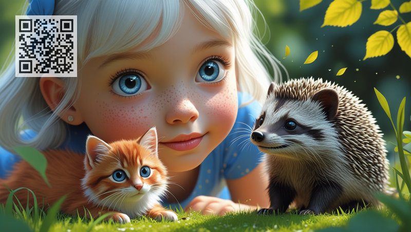 Девочка, котенок и маленький ежик рассматривают нору в траве.