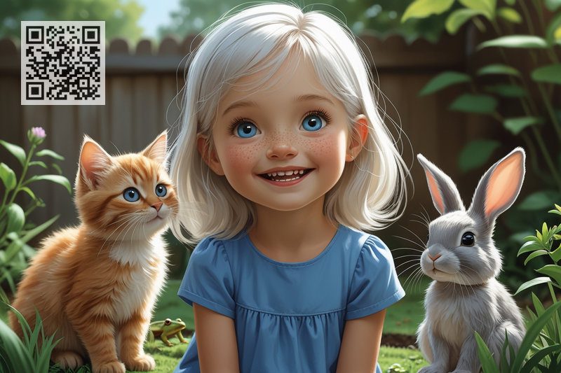 Девочка, котенок и кролик смотрят на зеленую лягушку в траве.