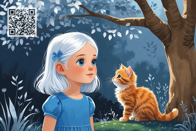 Девочка Наташа и кошечка Кузия смотрят на волшебное дерево желаний.