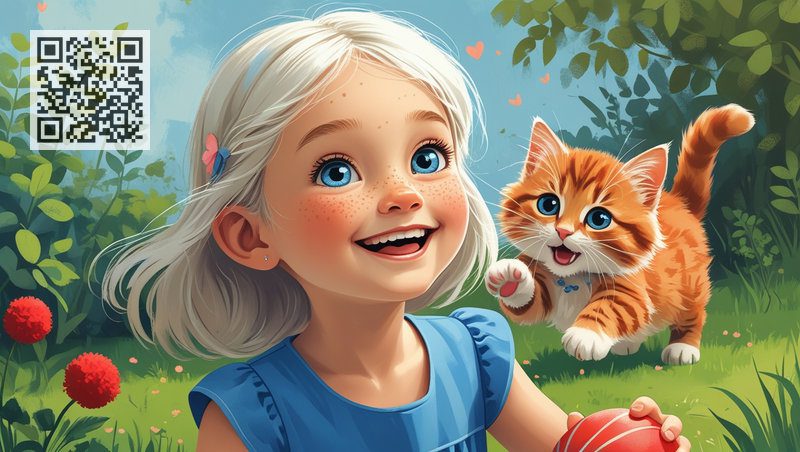 Милая девочка и пушистая кошечка с удовольствием играют в прекрасном саду.