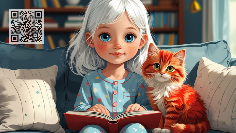 Дівчинка Наташа 6 років і рудий котик Муркотик разом читають книжку перед сном