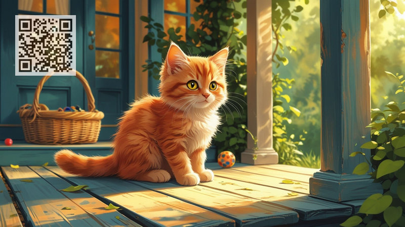 Пухнастий рудий котик Муркотик сидить на ґанку рано-вранці й дивиться в сад 