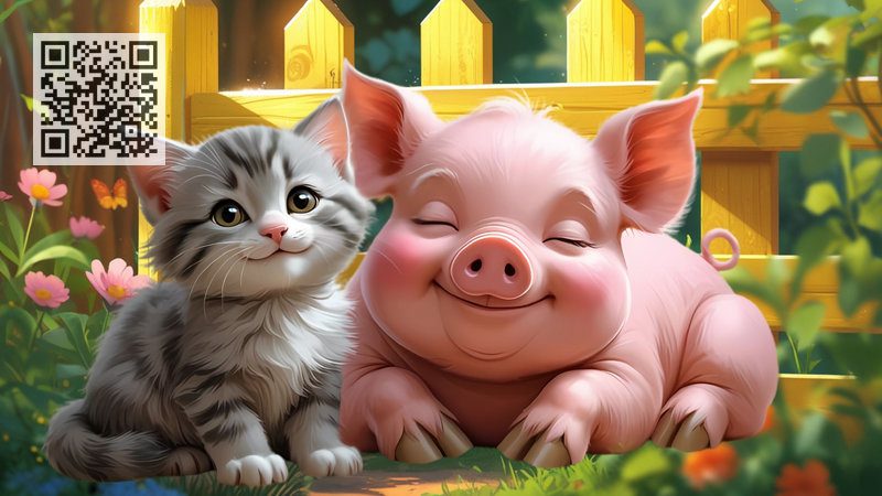 A fluffy gray kitten and a cute piglet are resting together on the grass