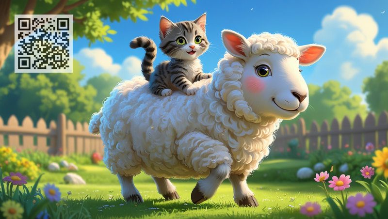A curly sweet little sheep and a fluffy gray kitten are happily playing in the yard