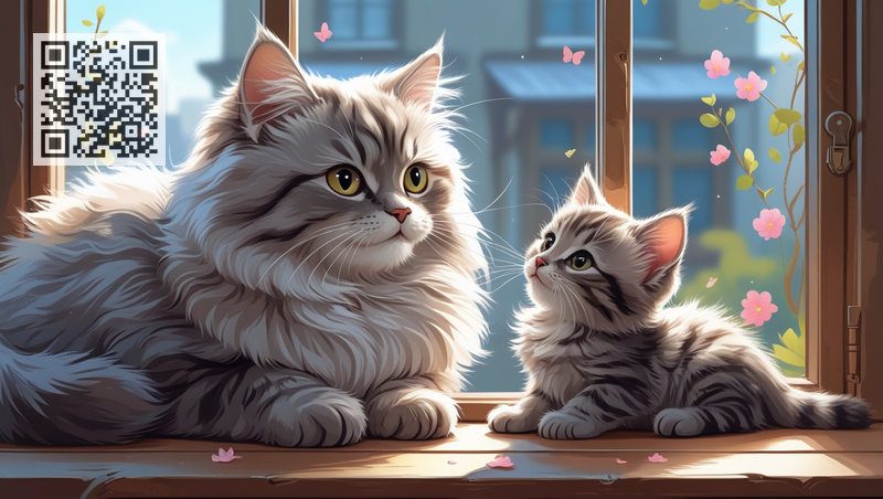 A big gray cat and a cute kitten are talking, lying next to each other on the windowsill