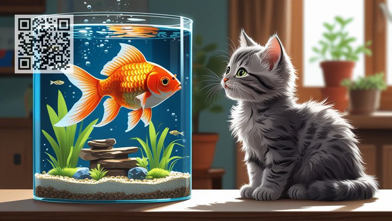A fluffy gray kitten and a goldfish in the aquarium are curiously looking at each other