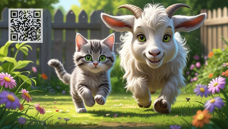 A fluffy gray kitten and a kid goat are happily playing tag in the meadow