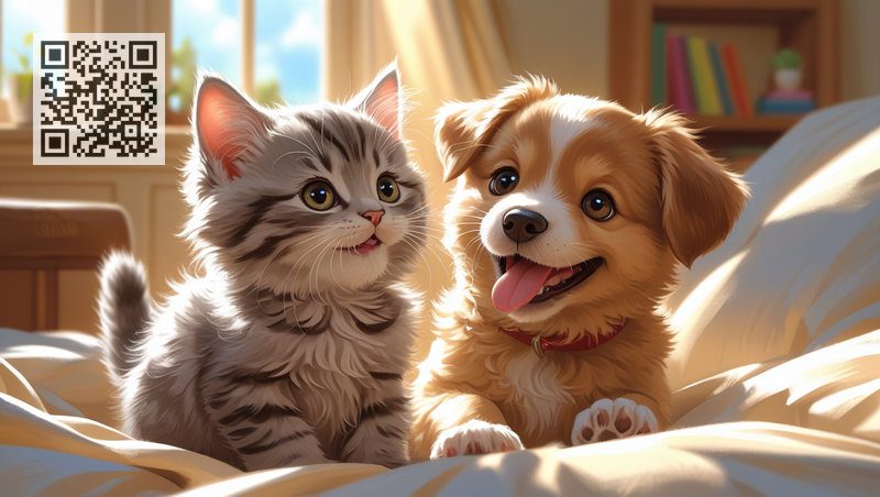 A cute gray kitten and a puppy are playing happily on the owners’ bed