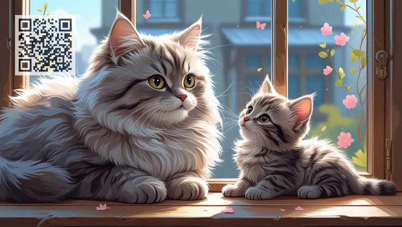 Большая серая кошка и милый котенок беседуют, лежа на подоконнике рядом