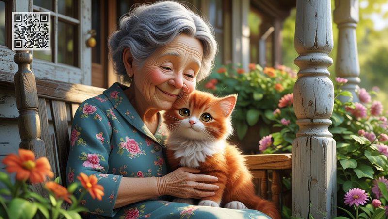 The ginger kitty Murkotyk is sitting on the lap of a sweet kind grandma