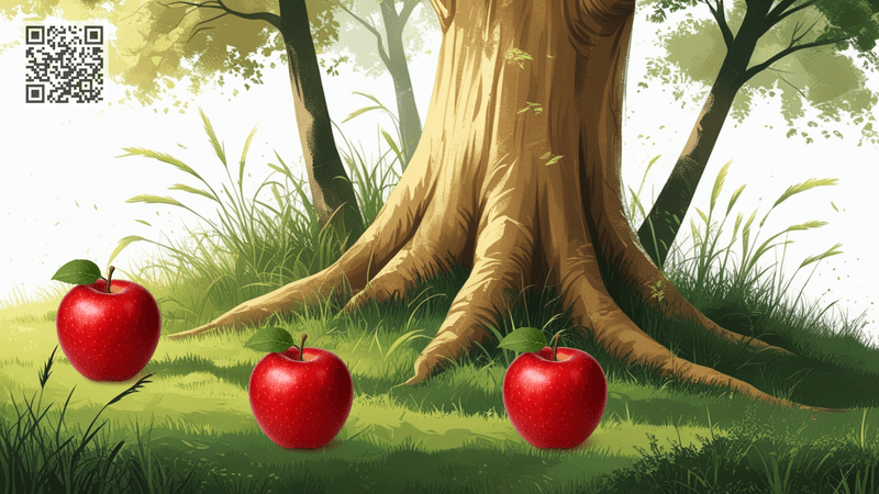 There are three beautiful red apples lying under the tree
