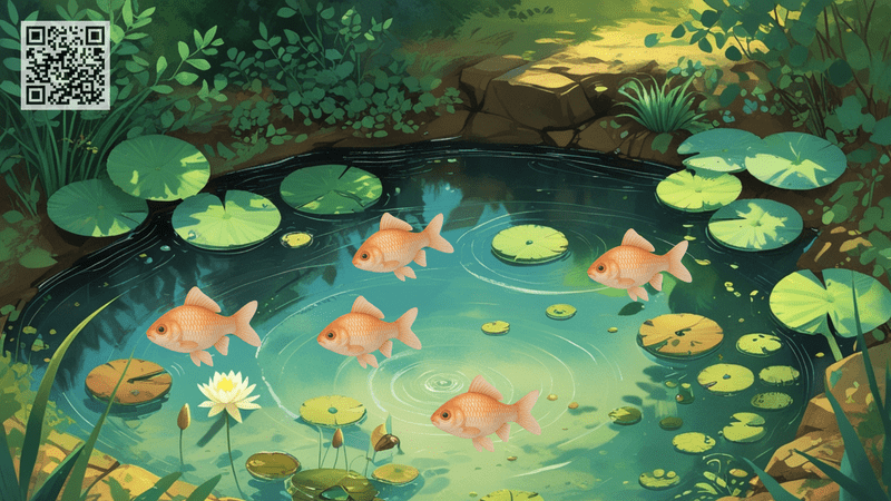 Five fish are swimming in the small pretty pond