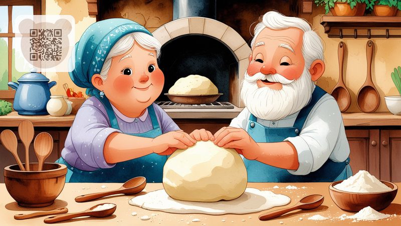 Grandma and Grandpa are kneading dough to bake the Gingerbread Man