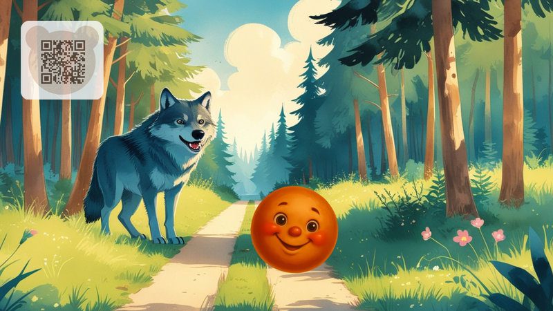 The Gingerbread Man is running down the forest path from the wolf