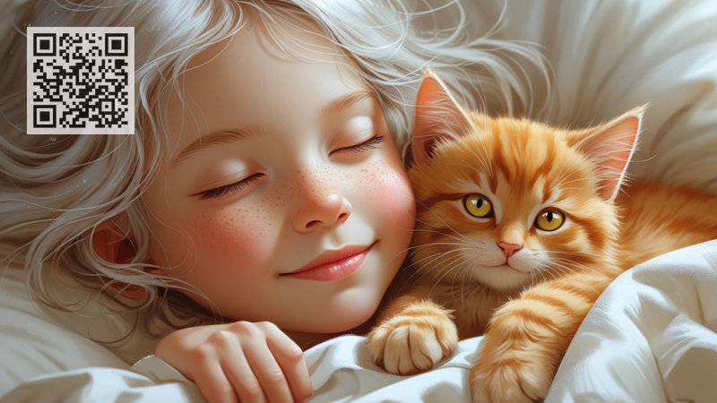 Милый рыжий котик Муркотик спит на подушке рядом с девочкой 6 лет