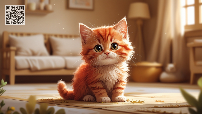 Милый рыжий котик Муркотик сидит на полу в комнате