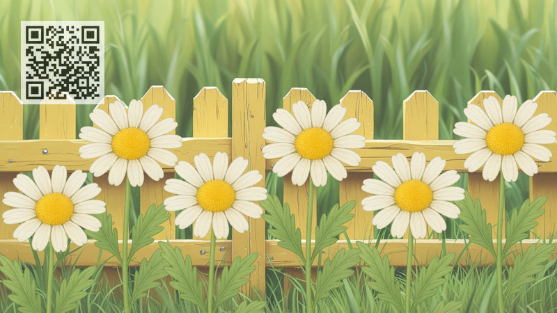 By the yellow fence grow six white daisies.
