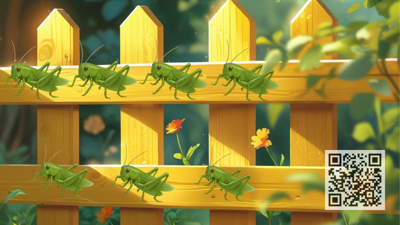 On the wooden yellow fence sit seven green grasshoppers.