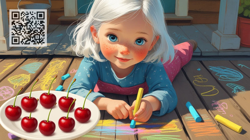 On the porch lies the girl Natasha, drawing. Next to her is a white plate with eight cherries on it.
