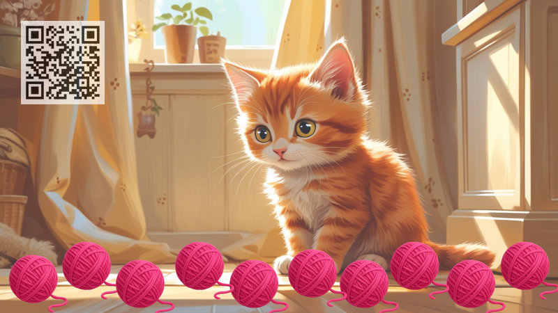 On the floor in the room sits the ginger kitty. He is looking at the balls of yarn.