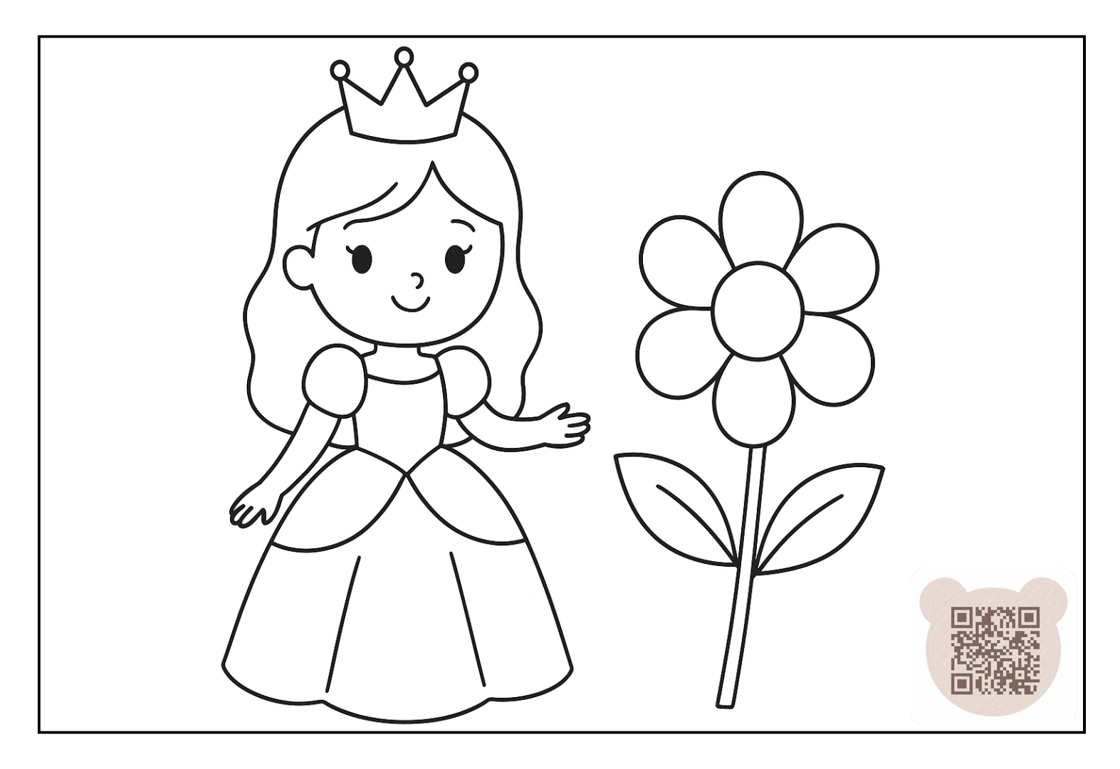 Princess girl admires a beautiful flower download coloring page for children 3-6 years old for free