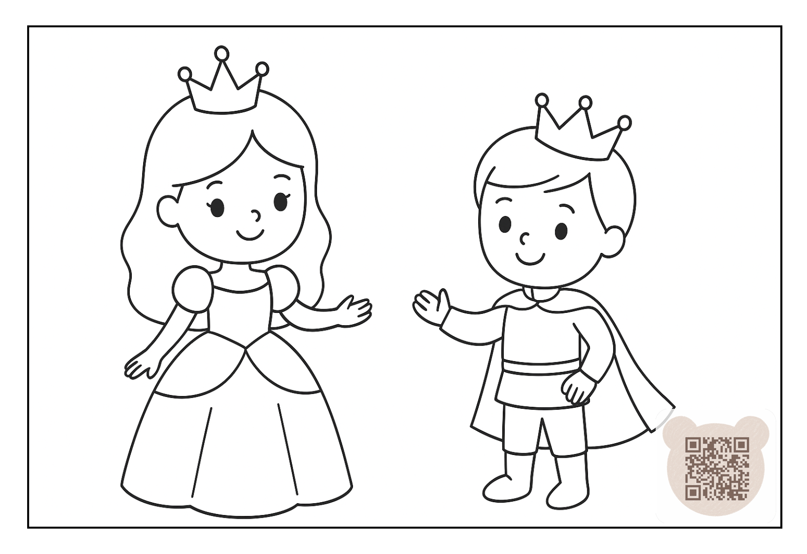 Princess girl smiles at her little brother, the prince download coloring page for children 3-6 years old for free