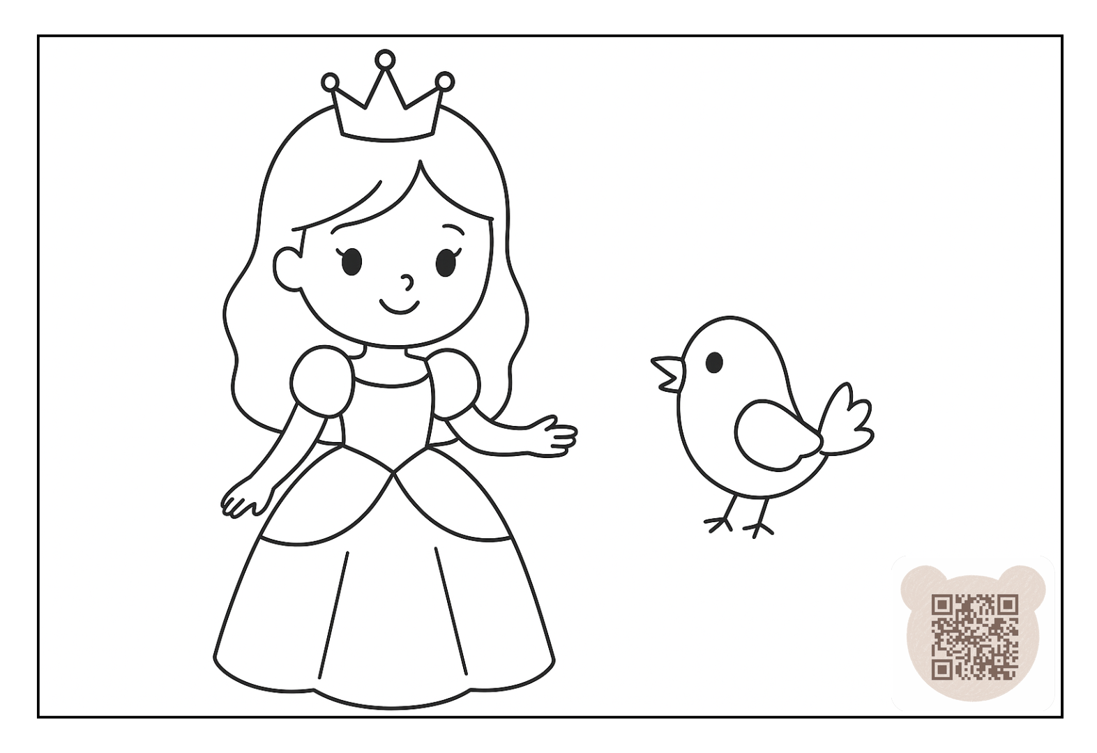 Princess girl smiles at a beautiful little bird download coloring page for children 3-6 years old for free