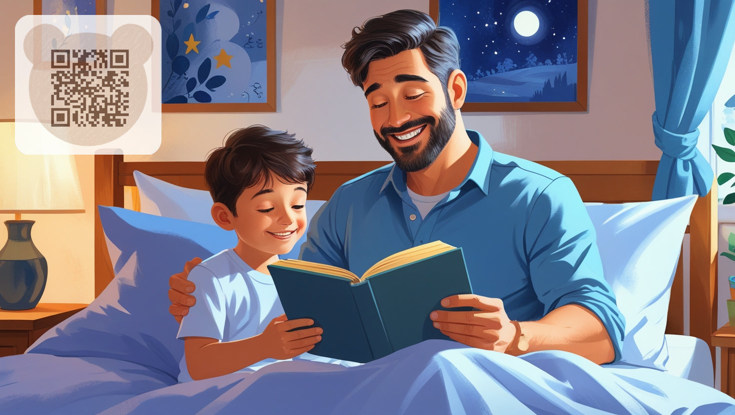 Тато читає книжку на ніч своєму сину