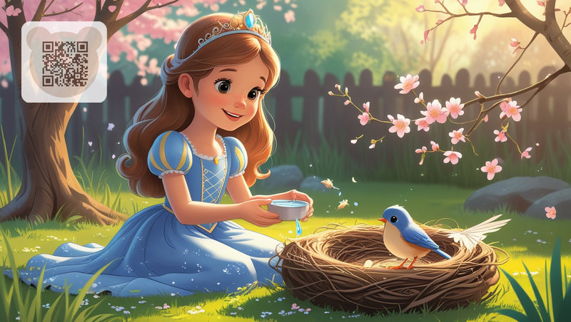 The little princess girl gives water to a sick bird