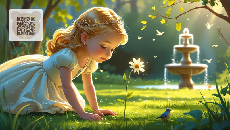 The little princess admires a beautiful flower
