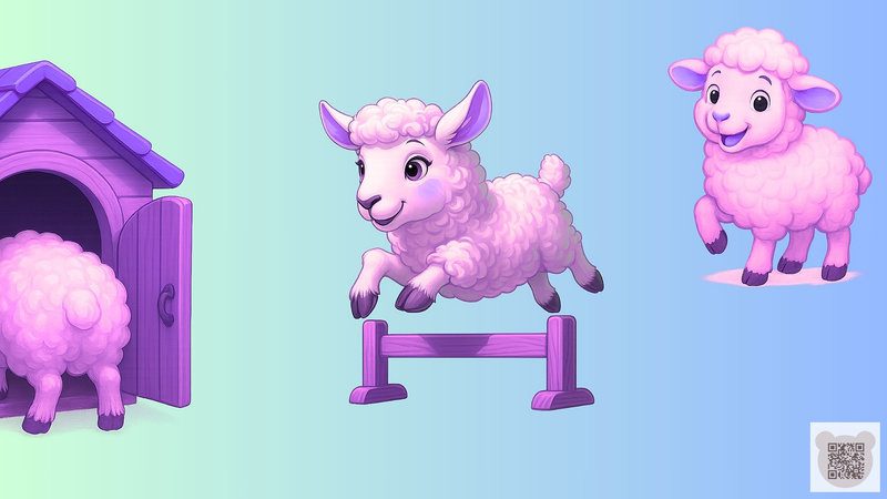 Три милі рожеві овечки: одна стрибає через паркан, друга визирає з будиночка, третя весело йде, ілюстрація до казки на ніч короткої для дітей 0-6 років.