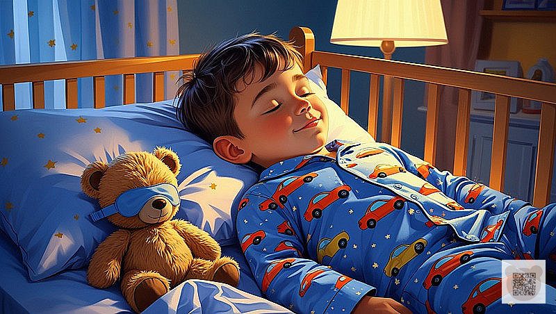 Little boy sleeping in a crib wearing car pajamas next to a teddy bear with a sleep mask, illustration for short bedtime stories for kids 0-6 years old.