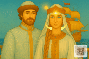 Князь Гвідон і царівна Лебідь стоять поруч: казка про царя Салтана Пушкін читати