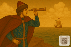 Князь Гвідон дивиться в підзорну трубу на море: казка про царя Салтана Пушкін читати